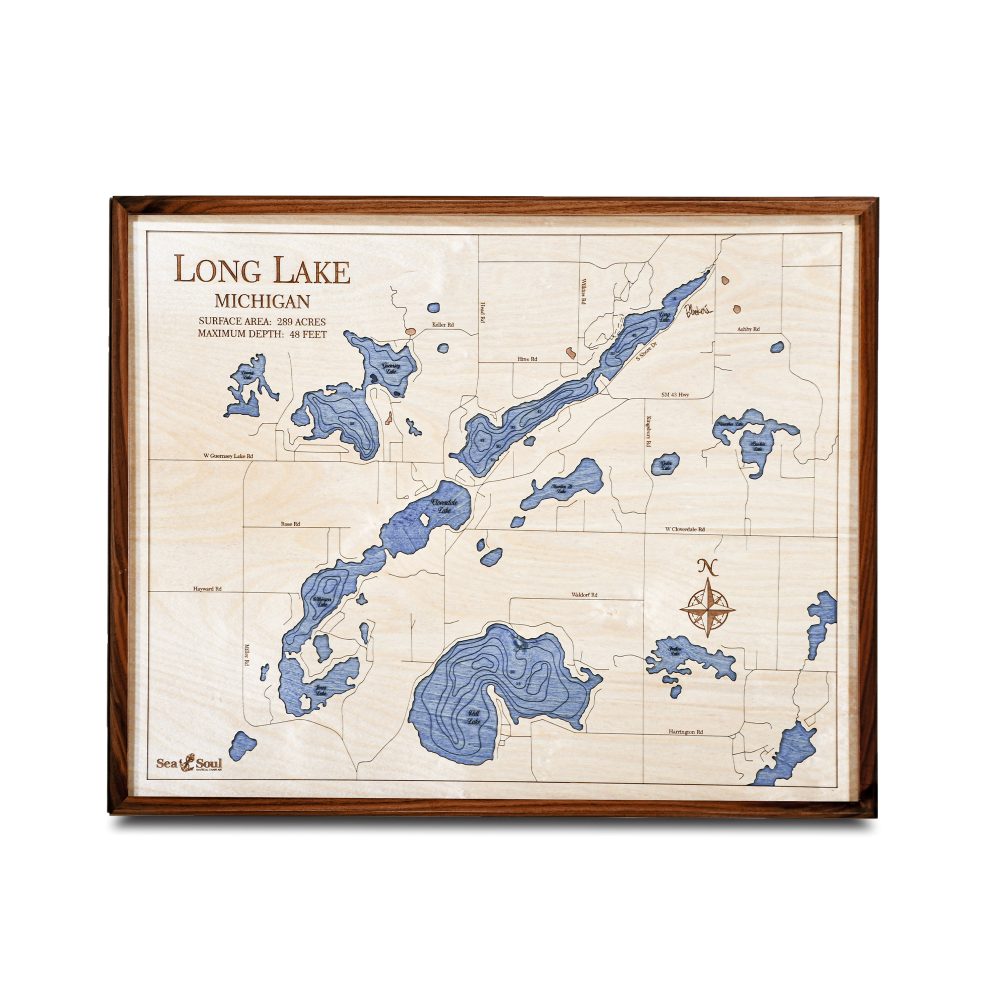 Long Lake Nautical Map Wall Art Walnut Accent with Deep Blue Water