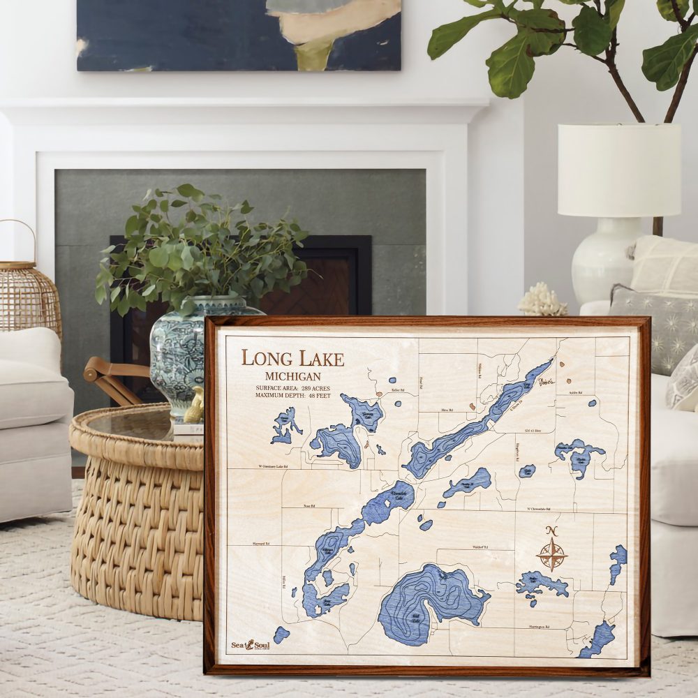 Long Lake Nautical Map Wall Art Walnut Accent with Deep Blue Water Sitting in Living Room by Coffee Table and Couch