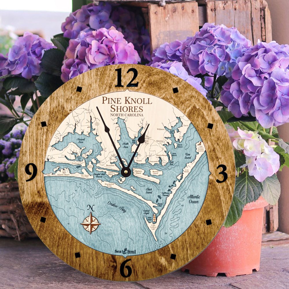 Pine Knoll Shores Nautical Wall Clock Americana Accent with Blue Green Water Sitting on Ground by Flower Pots