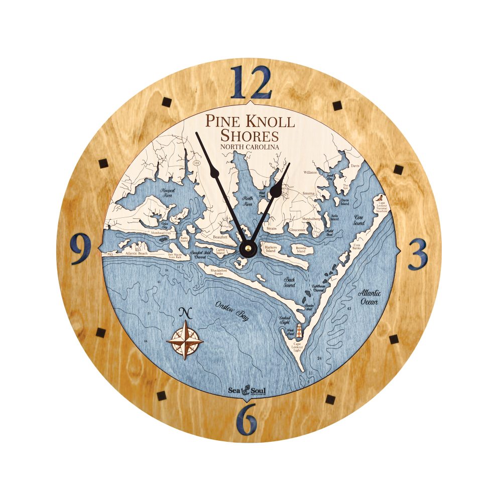 Pine Knoll Shores Nautical Wall Clock Honey Accent with Deep Blue Water