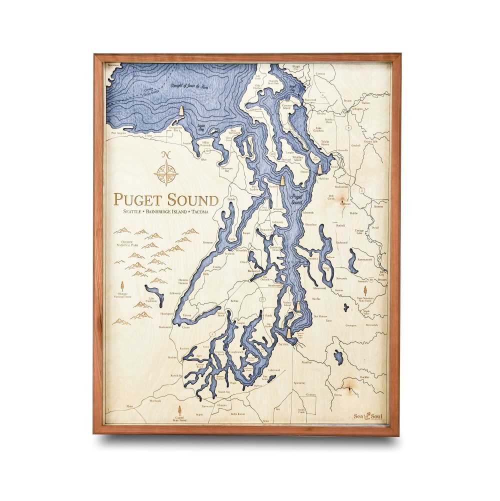 Puget Sound Nautical Map Wall Art Cherry Accent with Deep Blue Water