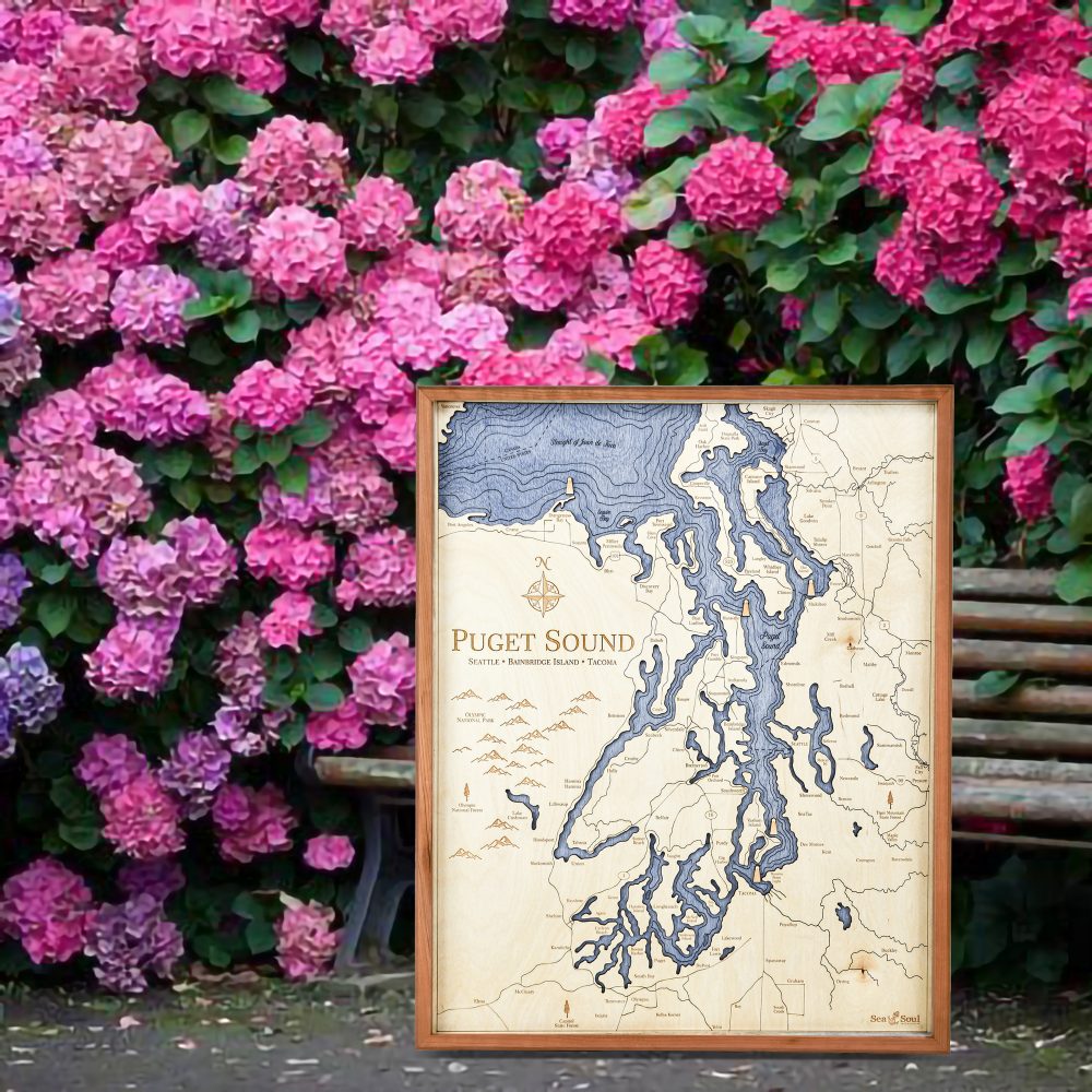 Puget Sound Nautical Map Wall Art Cherry Accent with Deep Blue Water Sitting Outside by Bench and Flowers