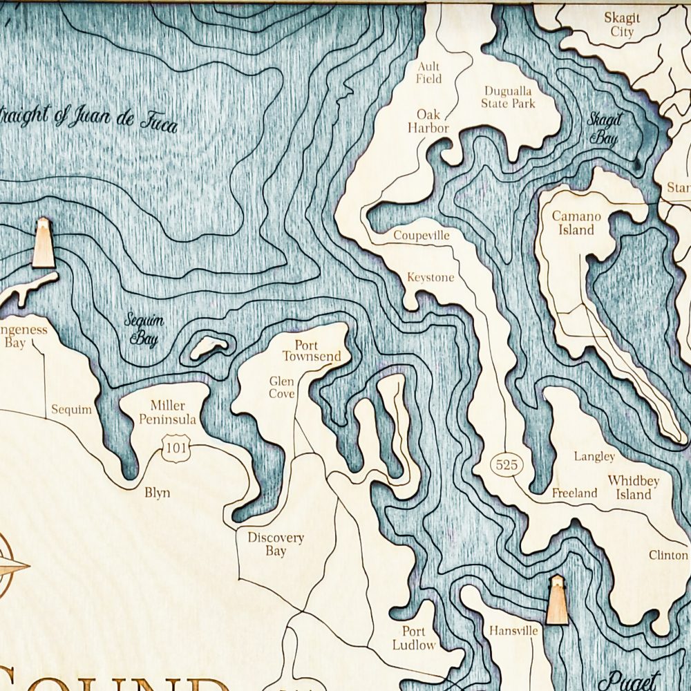 Puget Sound Nautical Map Wall Art Oak Accent with Blue Green Water Detail Shot 1