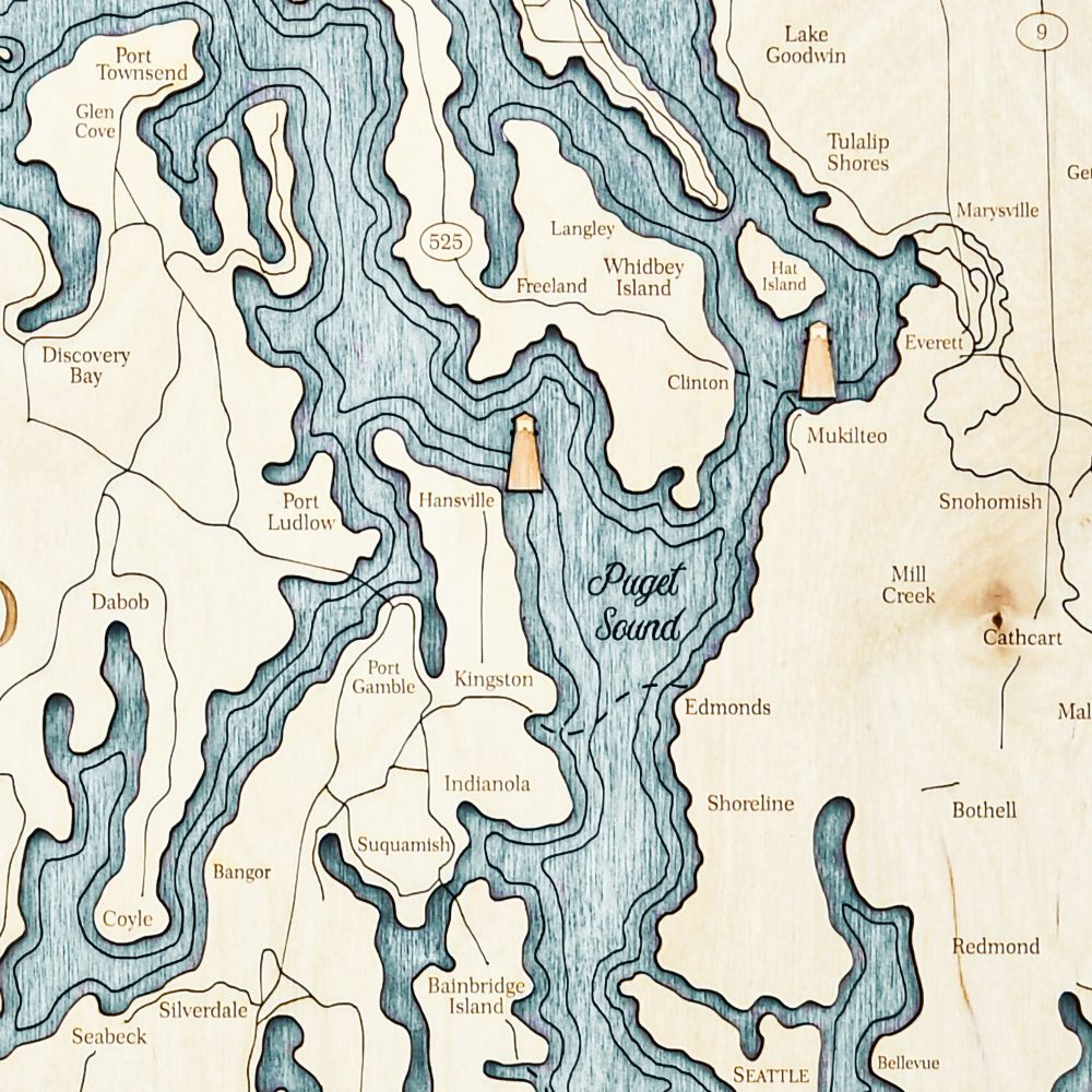 Puget Sound Nautical Map Wall Art Oak Accent with Blue Green Water Detail Shot 2