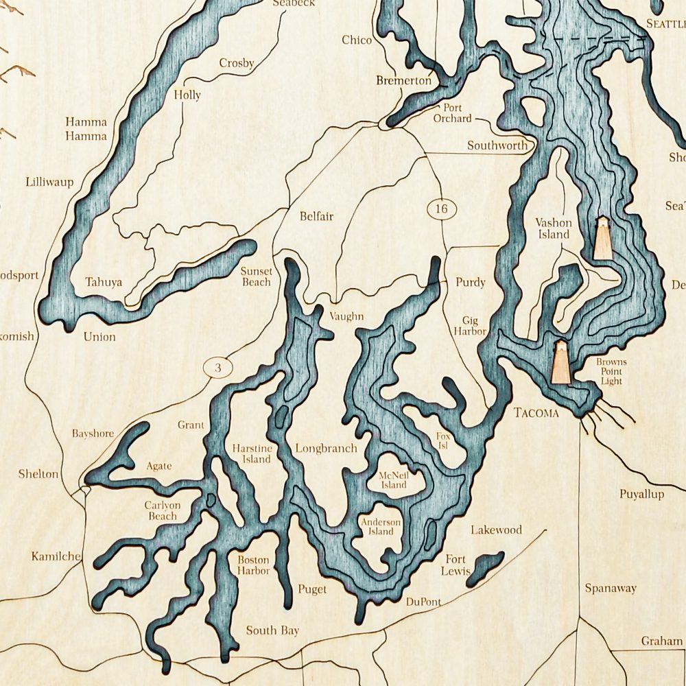 Puget Sound Nautical Map Wall Art Oak Accent with Blue Green Water Detail Shot 3