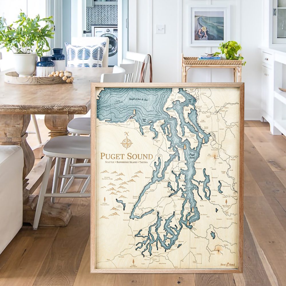 Puget Sound Nautical Map Wall Art Oak Accent with Blue Green Water Sitting in Kitchen