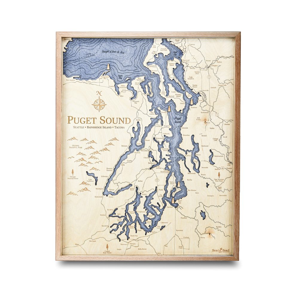 Puget Sound Nautical Map Wall Art Oak Accent with Deep Blue Water