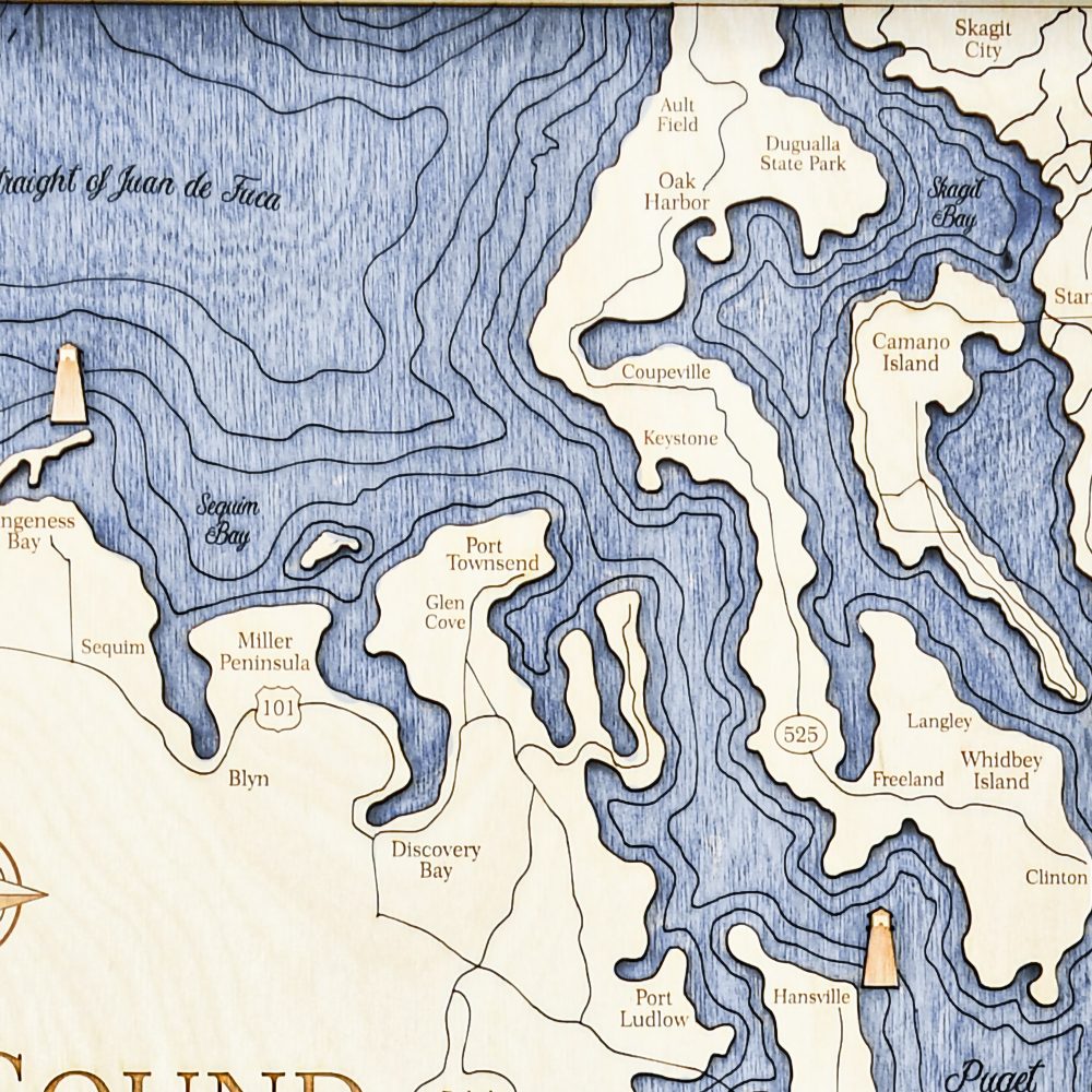 Puget Sound Nautical Map Wall Art Oak Accent with Deep Blue Water Detail Shot 1