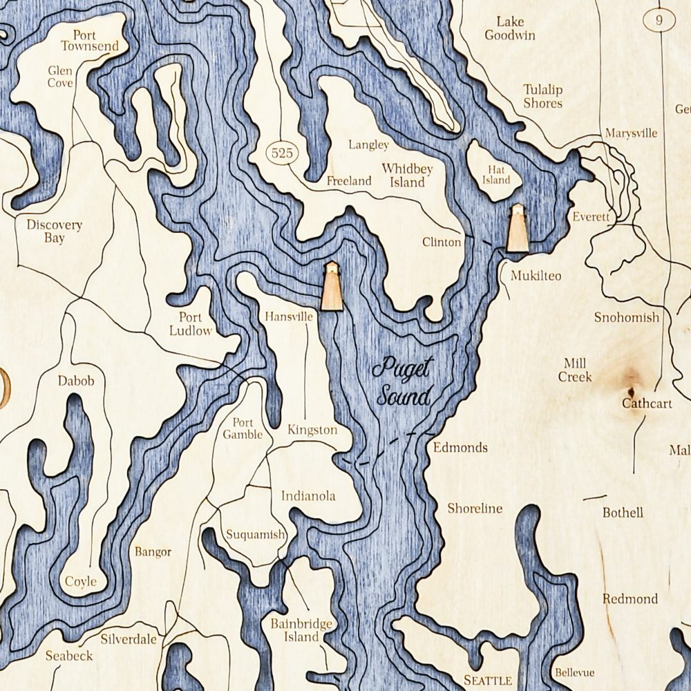 Puget Sound Nautical Map Wall Art Oak Accent with Deep Blue Water Detail Shot 2