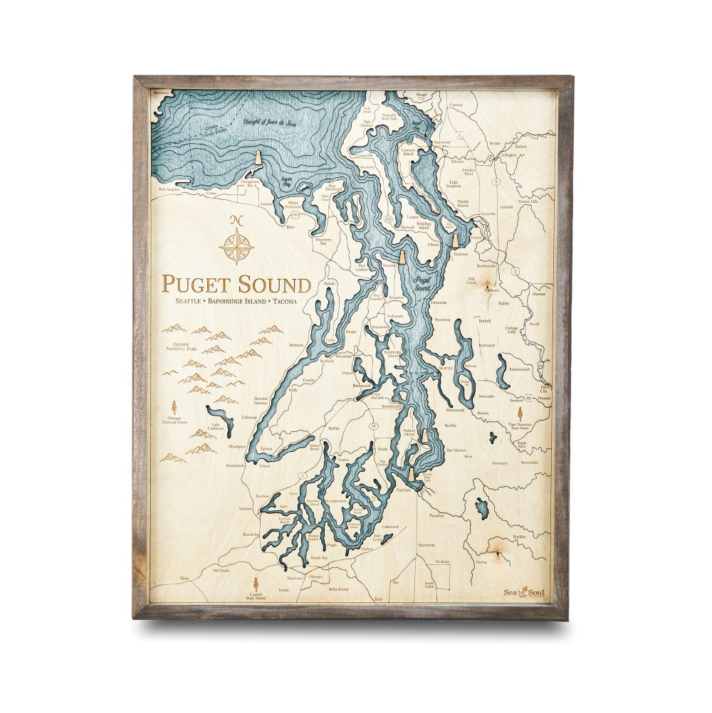 Puget Sound Nautical Map Wall Art Rustic Pine Accent with Blue Green Water