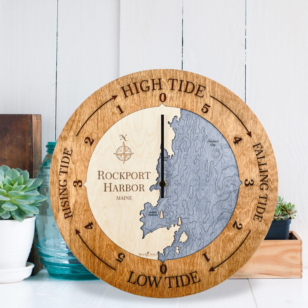 Rockport Harbor Tide Clock Americana Accent with Deep Blue Water Sitting by Succulents