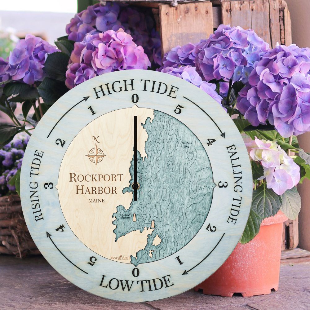 Rockport Harbor Tide Clock Bleach Blue Accent with Blue Green Water Sitting on Ground by Flower Pots