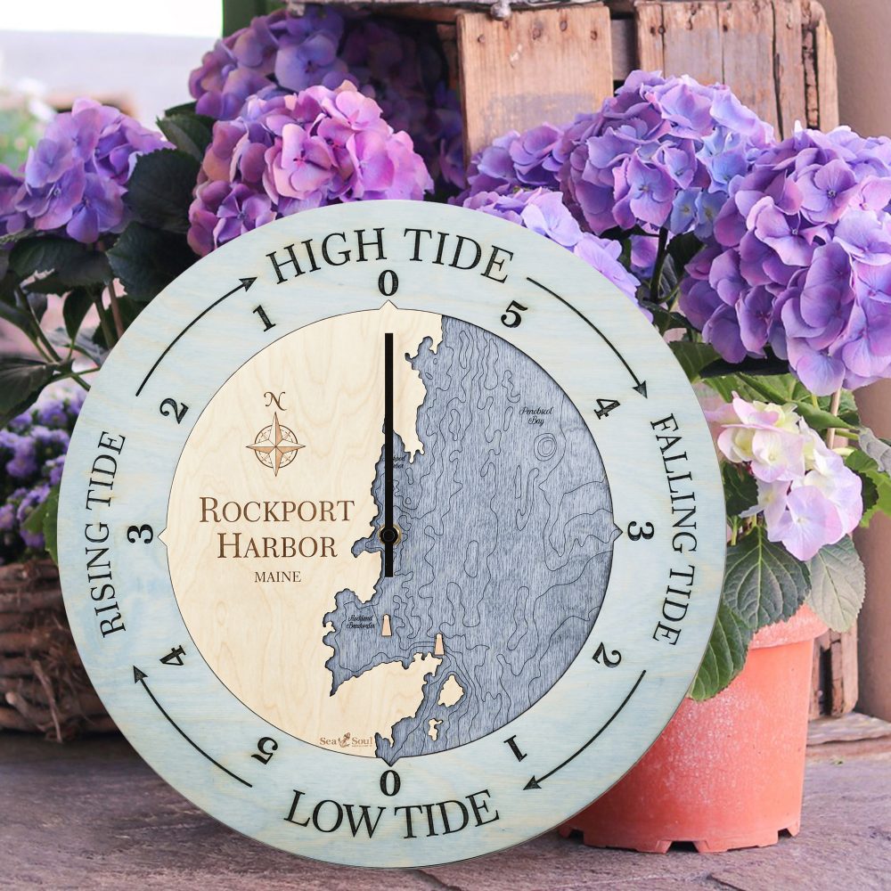 Rockport Harbor Tide Clock Bleach Blue Accent with Deep Blue Water Sitting on Ground by Flower Pots