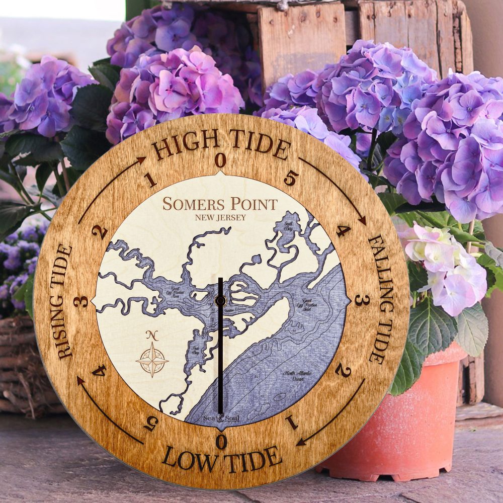 Somers Point Tide Clock Americana Accent with Deep Blue Water Sitting on Ground by Flowers Pots