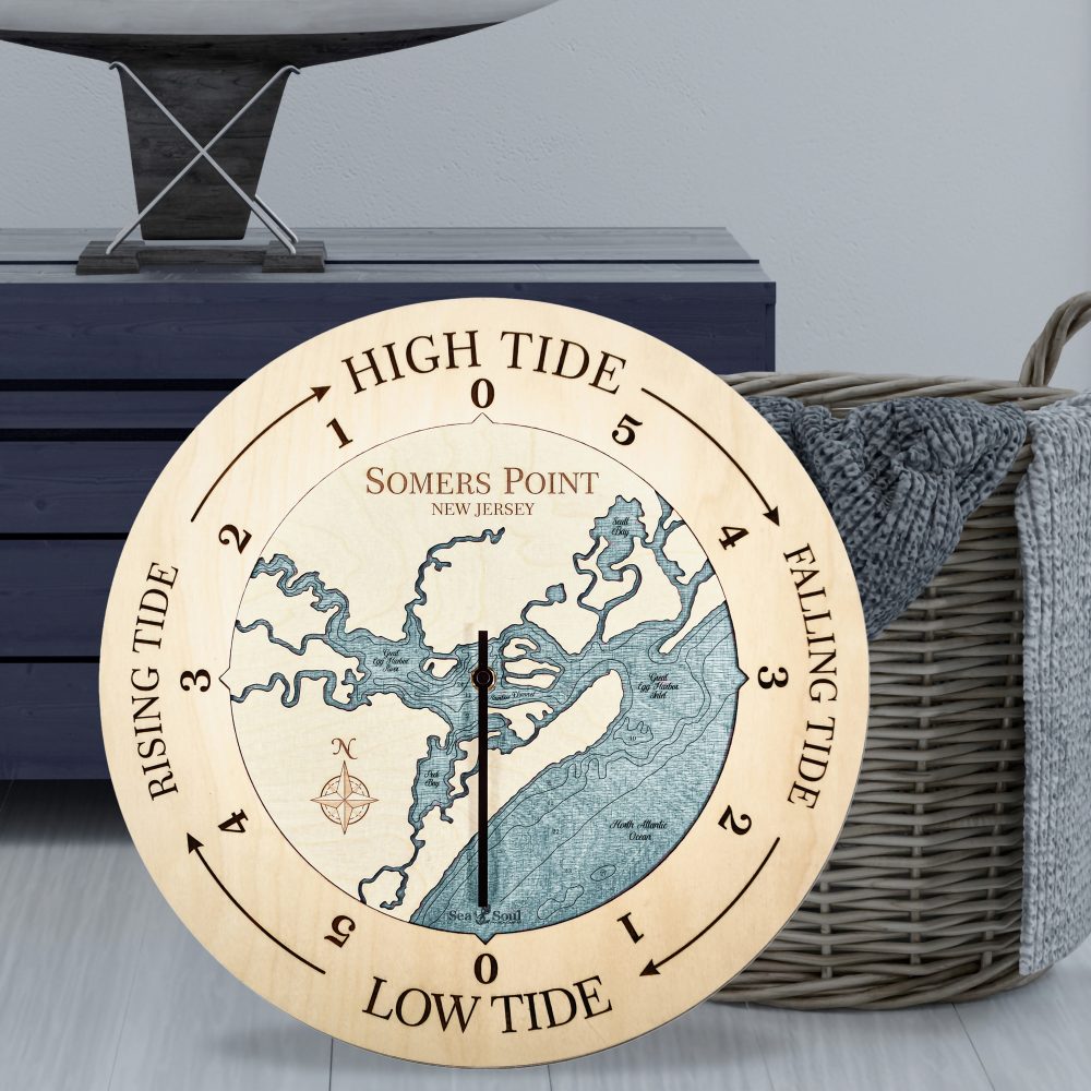 Somers Point Tide Clock Birch Accent with Blue Green Water Sitting on Ground by Basket