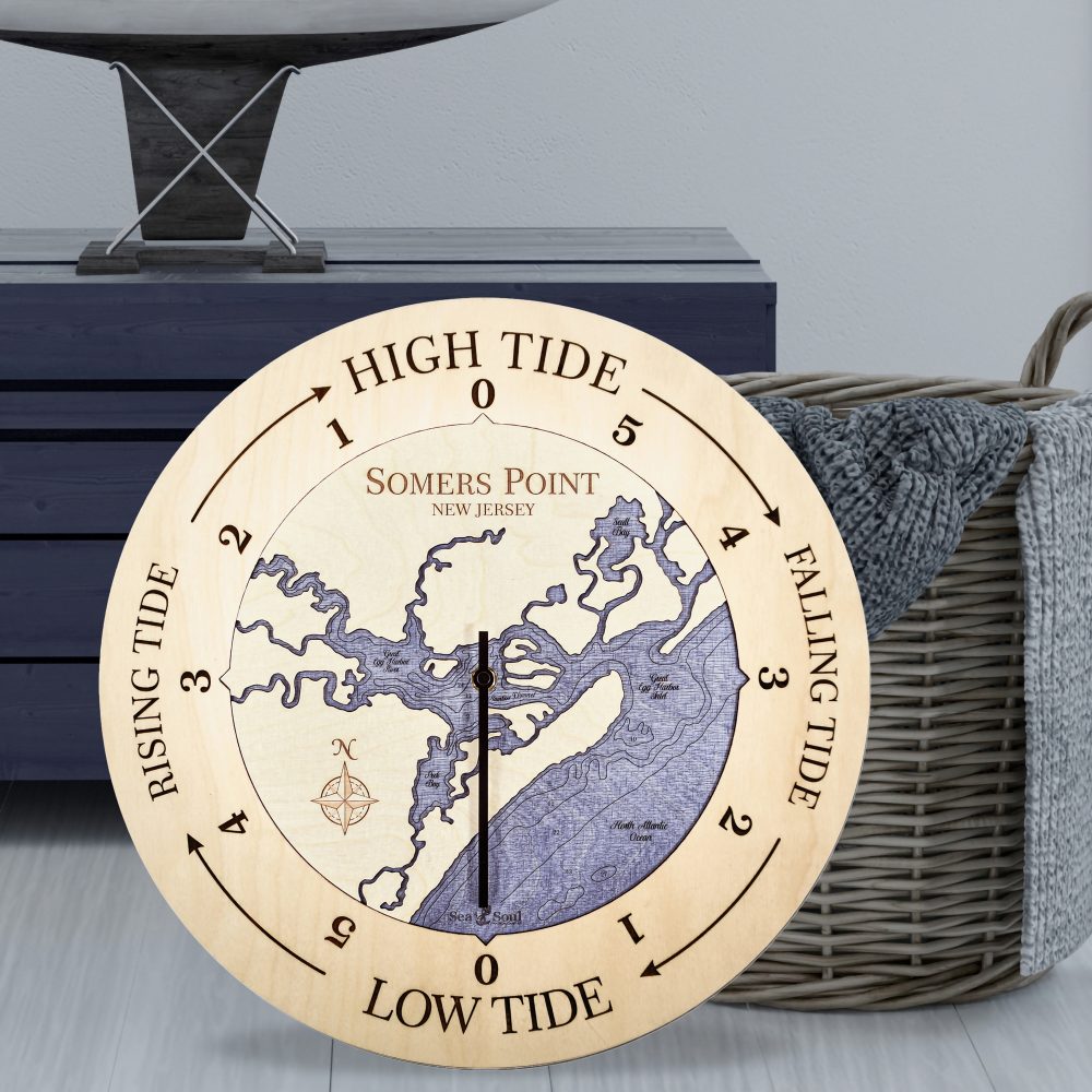 Somers Point Tide Clock Birch Accent with Deep Blue Water Sitting on Ground by Basket