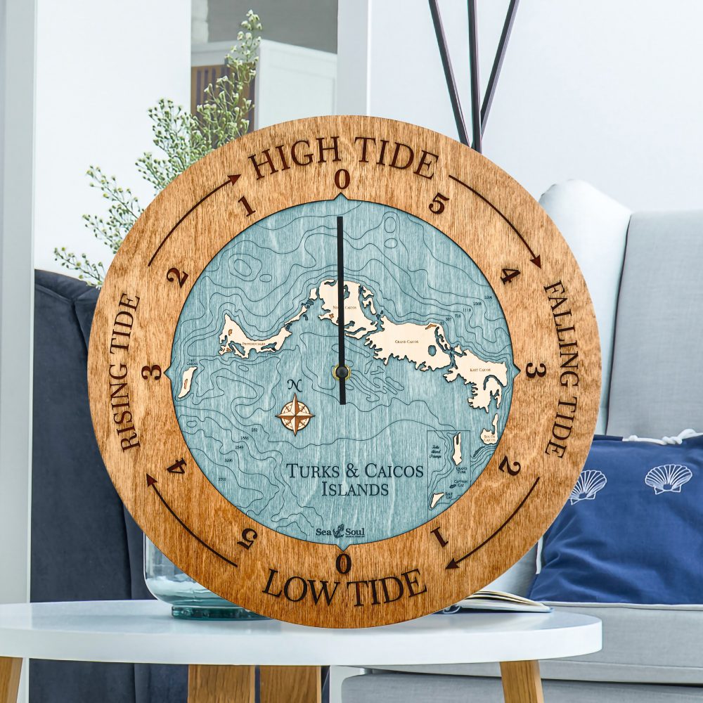 Turks and Caicos Tide Clock Americana Accent with Blue Green Water Sitting on Coffee Table