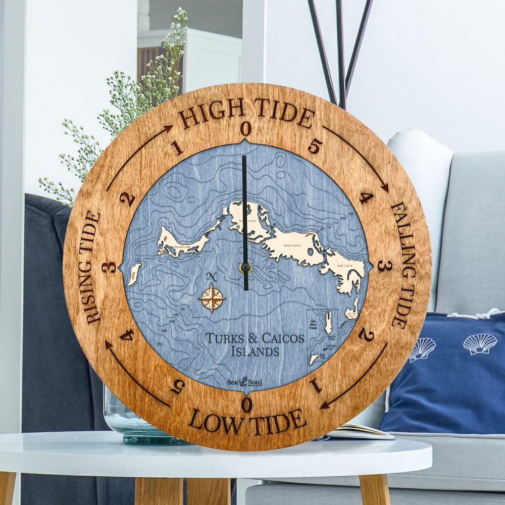 Turks and Caicos Tide Clock Americana Accent with Deep Blue Water Sitting on Coffee Table