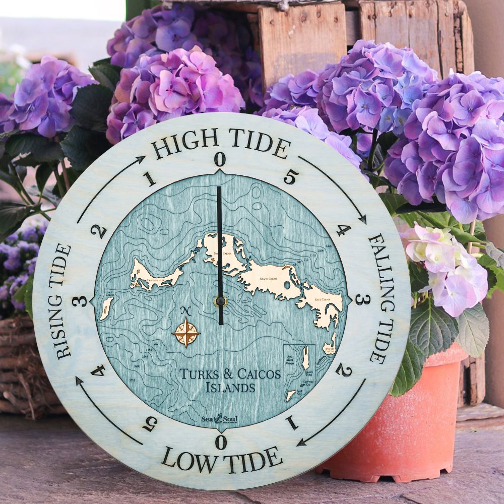 Turks and Caicos Tide Clock Bleach Blue Accent with Blue Green Water Sitting on Ground by Flower Pots