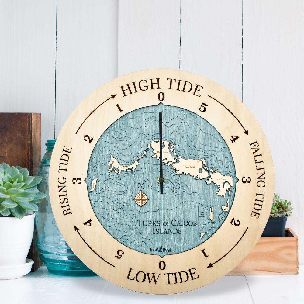 Turks and Caicos Tide Clock Birch Accent with Blue Green Water Sitting by Succulents
