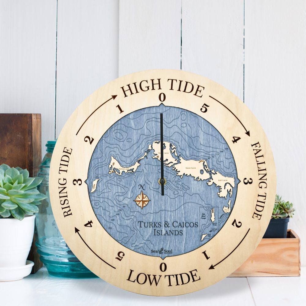 Turks and Caicos Tide Clock Birch Accent with Deep Blue Water Sitting by Succulents