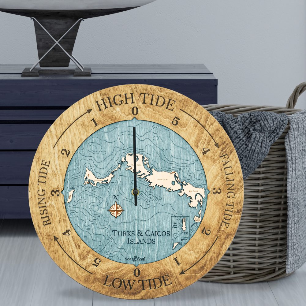 Turks and Caicos Tide Clock Honey Accent with Blue Green Water Sitting on Ground by Basket