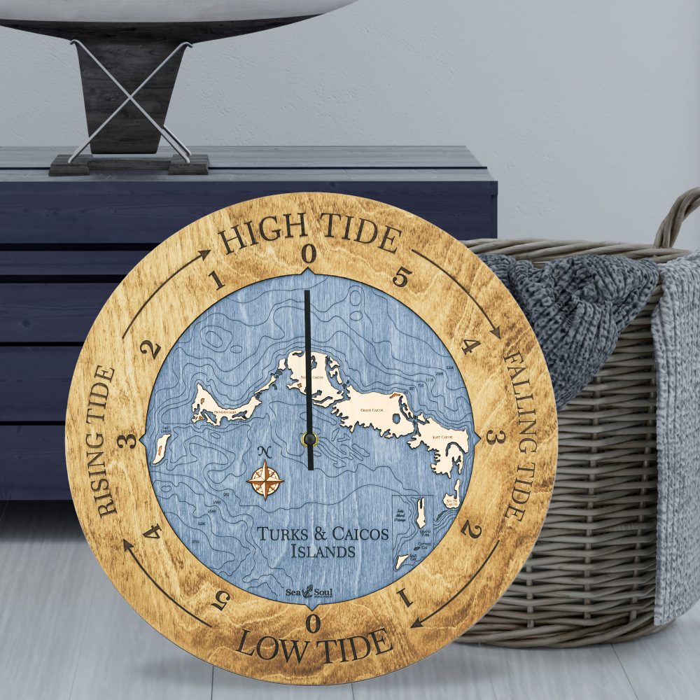 Turks and Caicos Tide Clock Honey Accent with Deep Blue Water Sitting on Ground by Basket