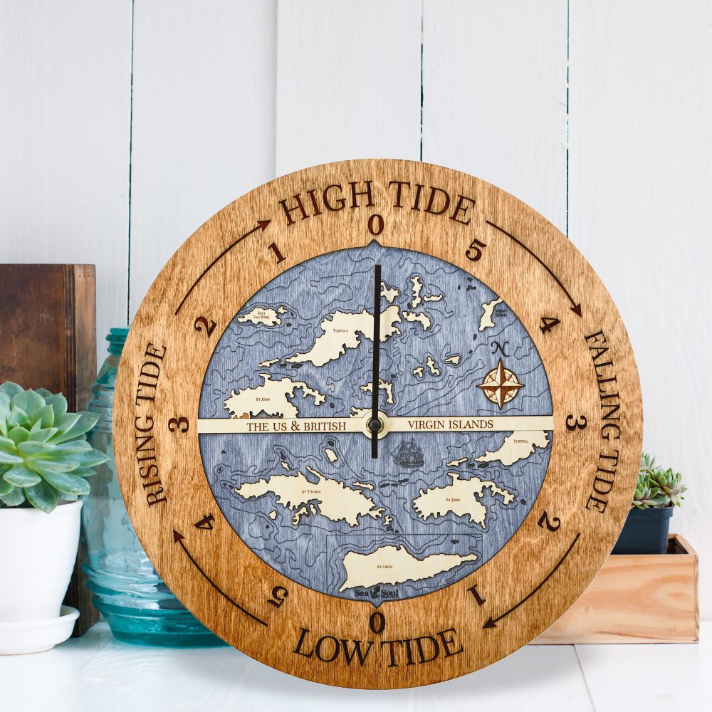 Virgin Islands Tide Clock Americana Accent with Deep Blue Water Sitting by Succulents