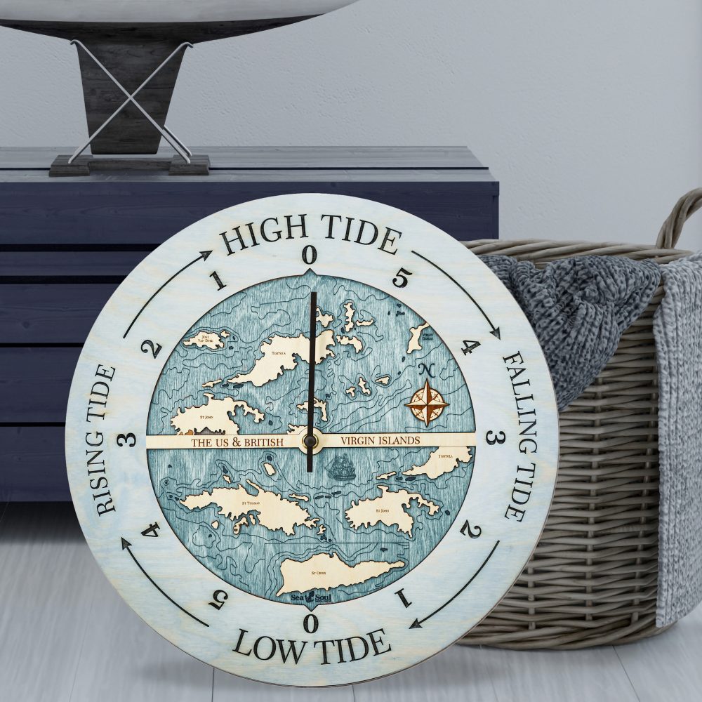 Virgin Islands Tide Clock Bleach Blue Accent with Blue Green Water Sitting on Ground by Basket
