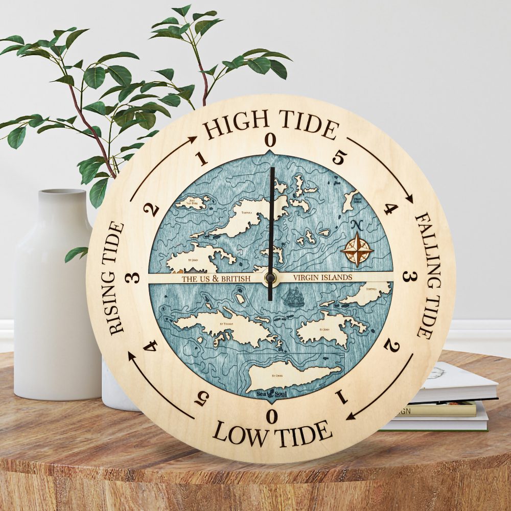 Virgin Islands Tide Clock Birch Accent with Blue Green Water Sitting on Coffee Table by Books and Vases