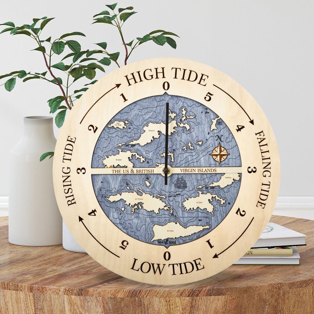 Virgin Islands Tide Clock Birch Accent with Deep Blue Water Sitting on Coffee Table by Books and Vases