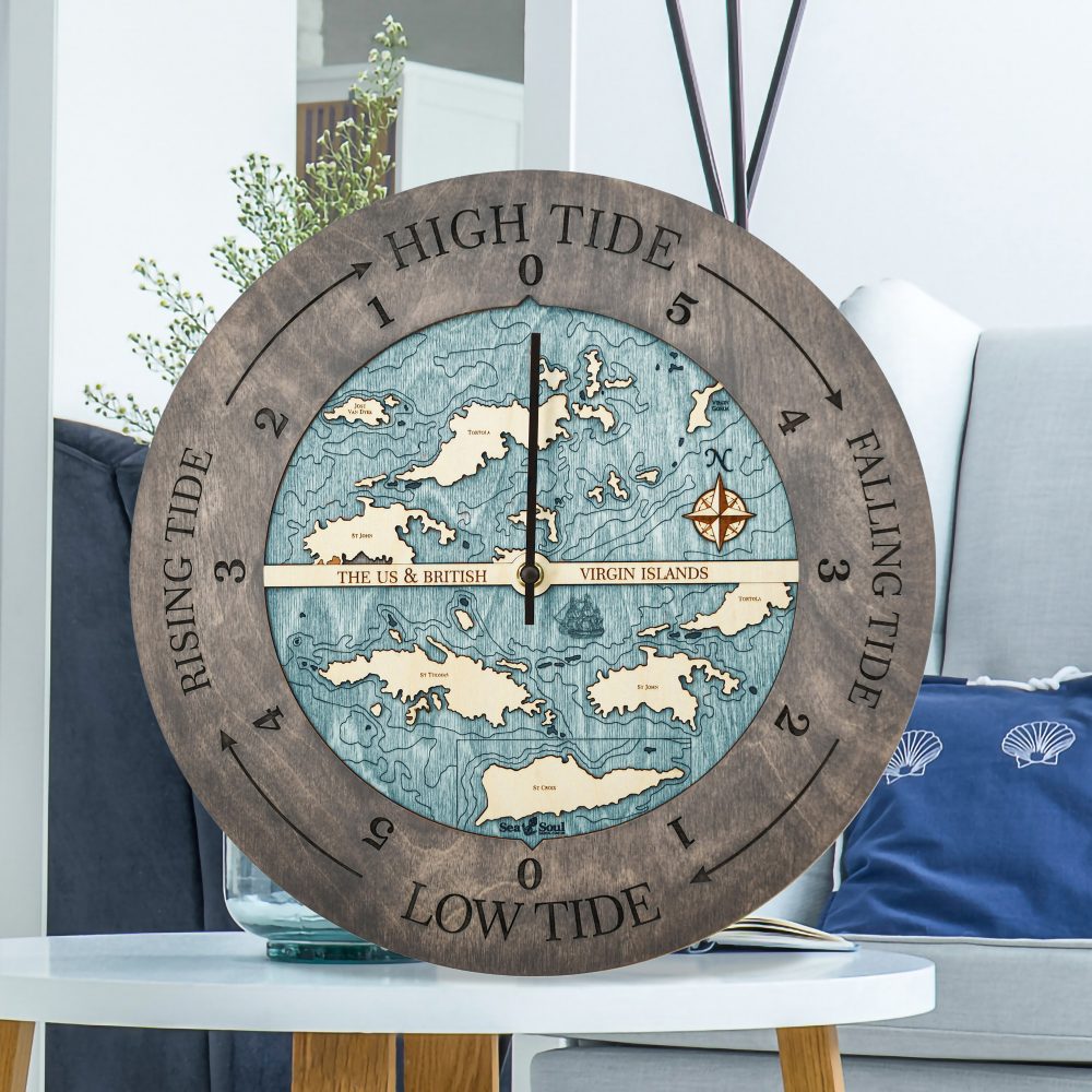 Virgin Islands Tide Clock Driftwood Accent with Blue Green Water Sitting on Coffee Table