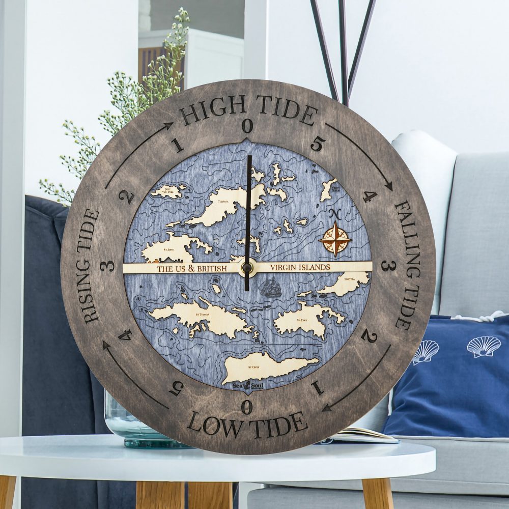 Virgin Islands Tide Clock Driftwood Accent with Deep Blue Water Sitting on Coffee Table