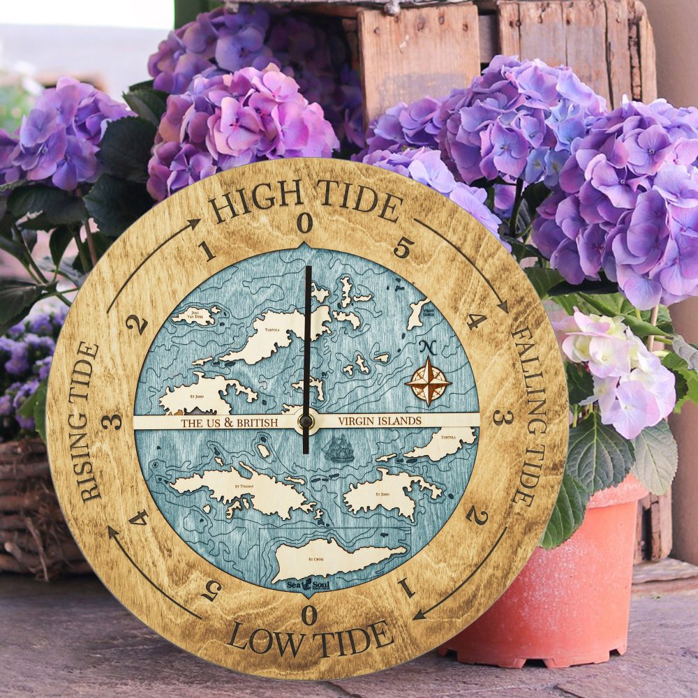 Virgin Islands Tide Clock Honey Accent with Blue Green Water Sitting on Ground by Flower Pots