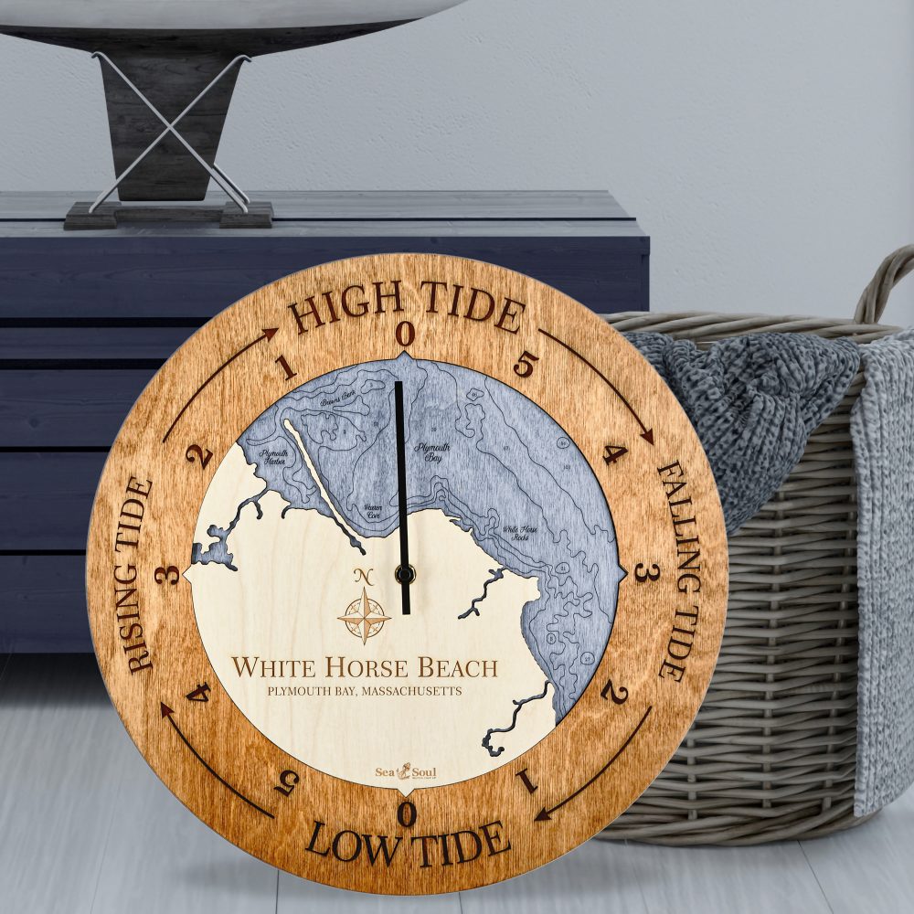 White Horse Beach Tide Clock Americana Accent with Deep Blue Water Sitting on Ground by Basket