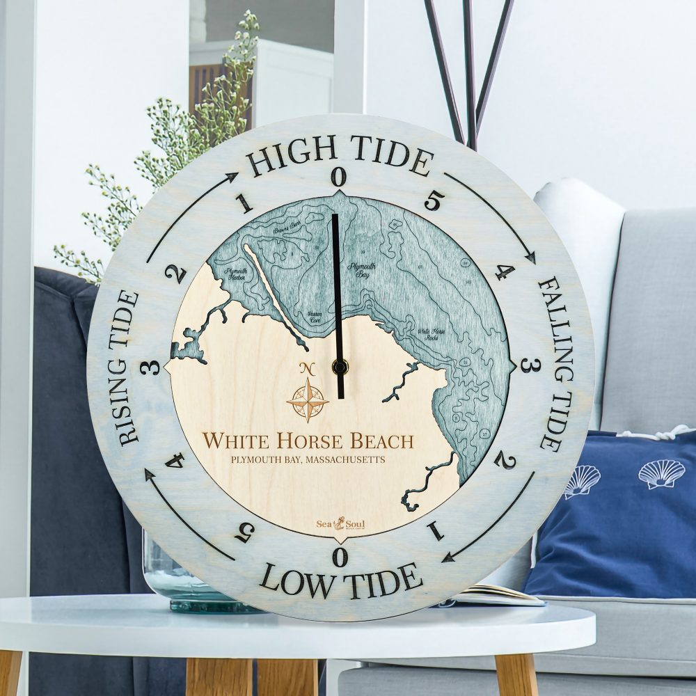 White Horse Beach Tide Clock Bleach Blue Accent with Blue Green Water Sitting on Coffee Table