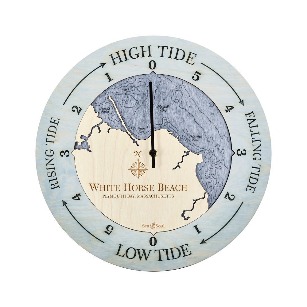 White Horse Beach Tide Clock Bleach Blue Accent with Deep Blue Water