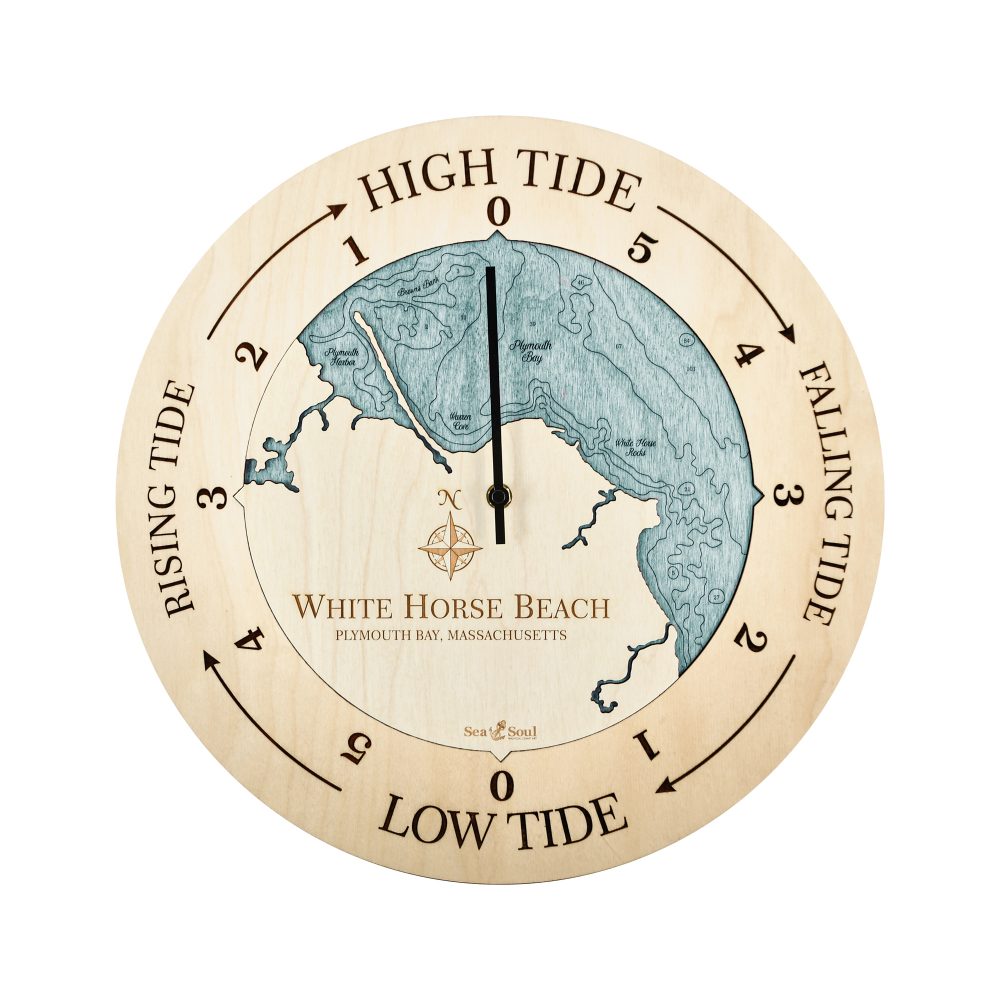 White Horse Beach Tide Clock Birch Accent with Blue Green Water