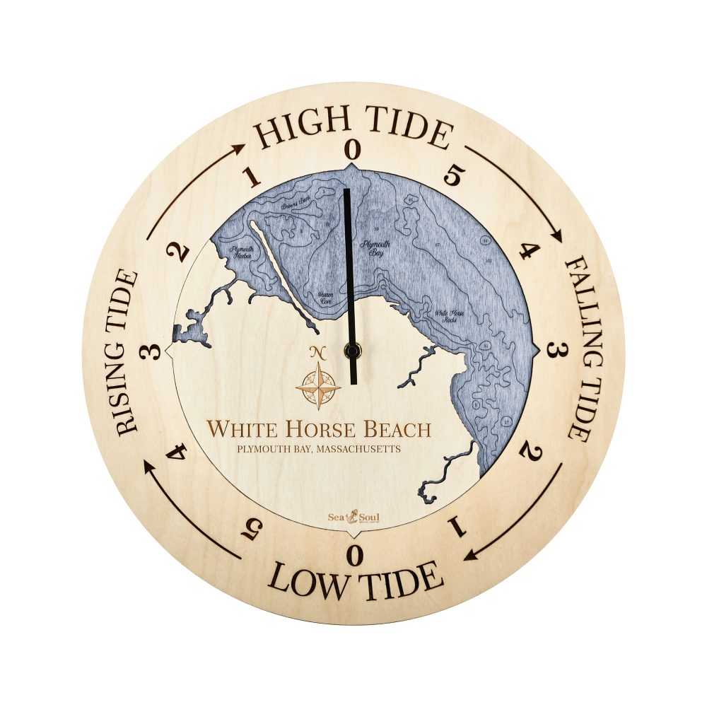 White Horse Beach Tide Clock Birch Accent with Deep Blue Water