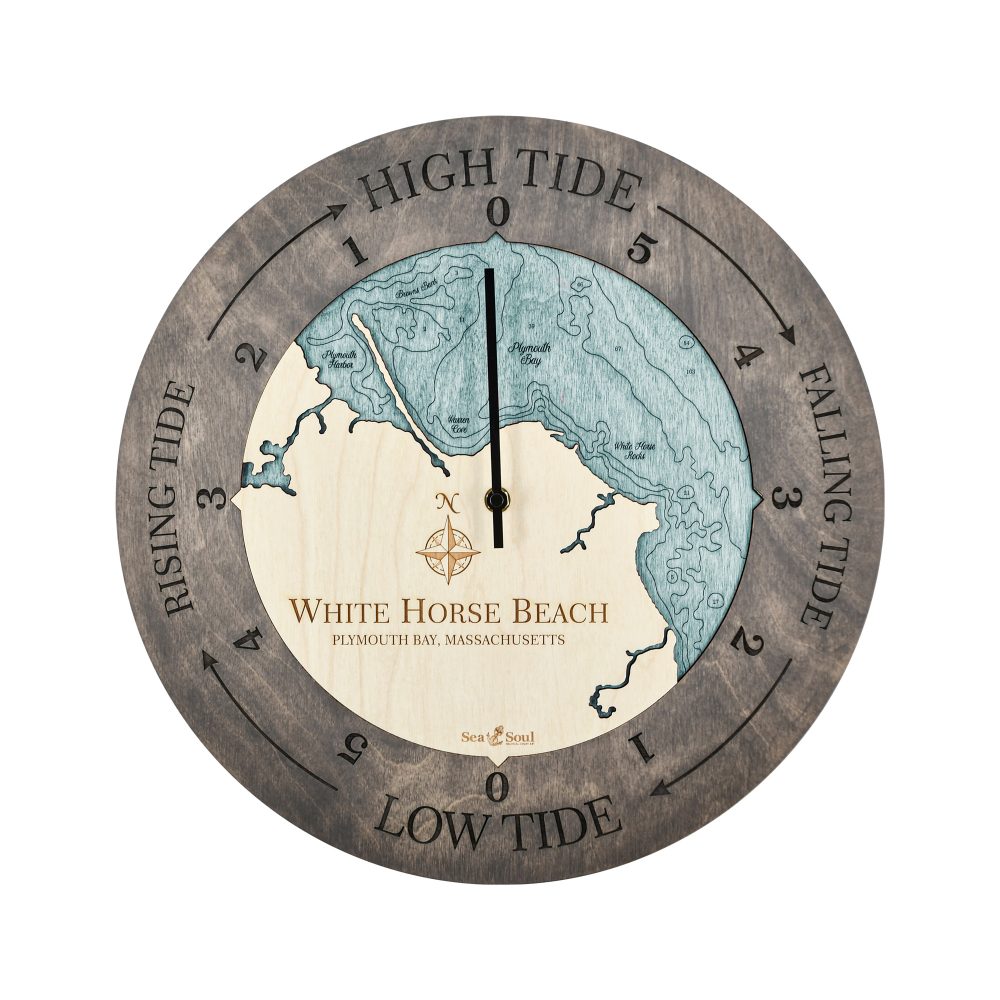 White Horse Beach Tide Clock Driftwood Accent with Blue Green Water