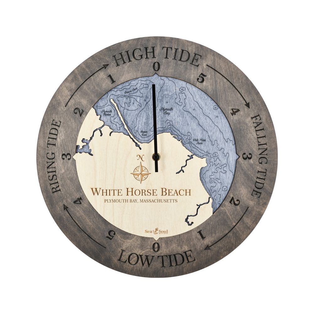 White Horse Beach Tide Clock Driftwood Accent with Deep Blue Water