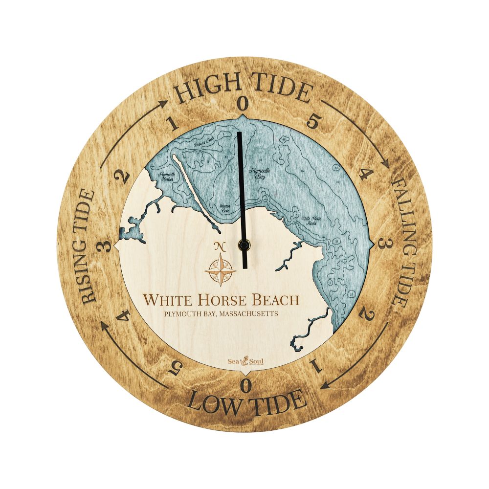 White Horse Beach Tide Clock Honey Accent with Blue Green Water