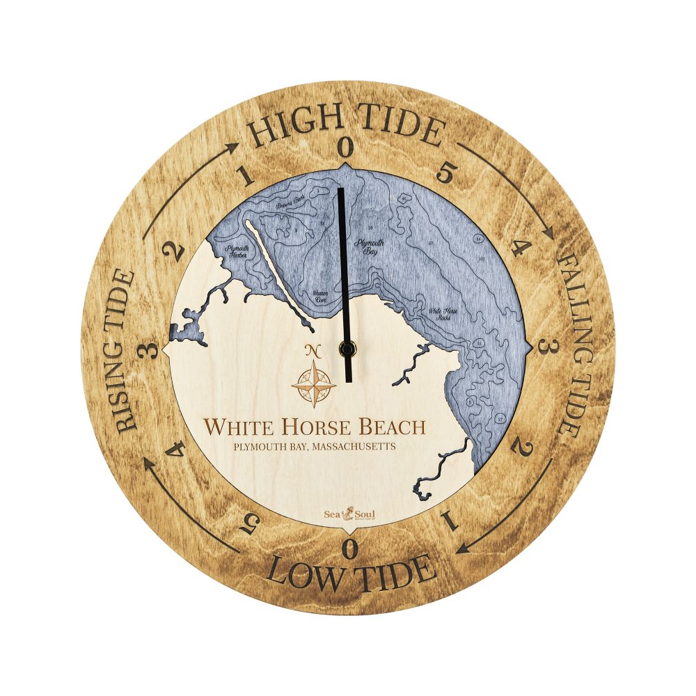 White Horse Beach Tide Clock Honey Accent with Deep Blue Water