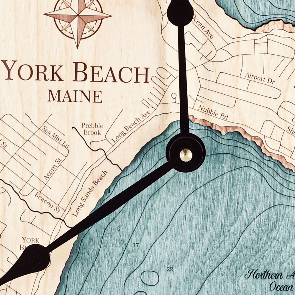 York Beach Nautical Map Wall Art Birch Accent with Blue Green Water Detail Shot 1