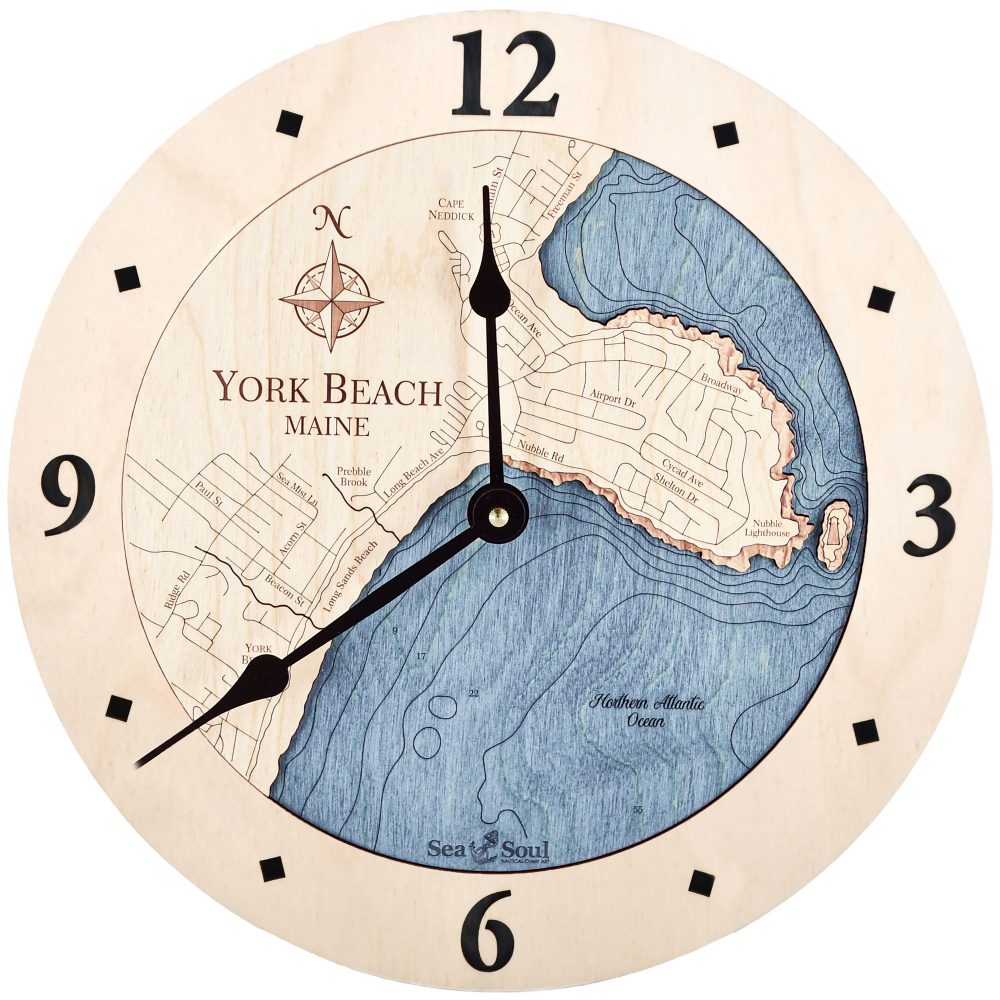 York Beach Nautical Map Wall Art Birch Accent with Deep Blue Water Sitting on Rocks by Anchor and Waterfront Product Shot