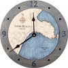 York Beach Nautical Map Wall Clock Driftwood Accent with Deep Blue Water Product Shot