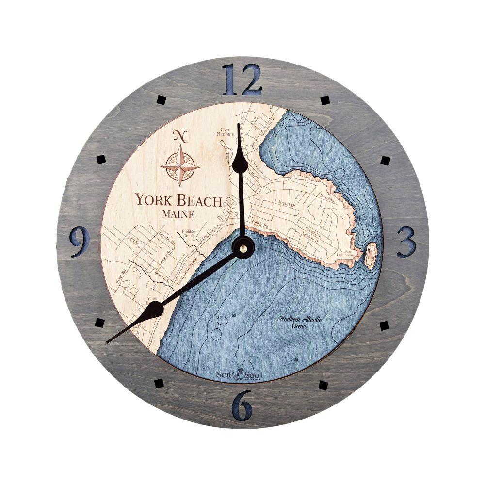 York Beach Nautical Map Wall Clock Driftwood Accent with Deep Blue Water