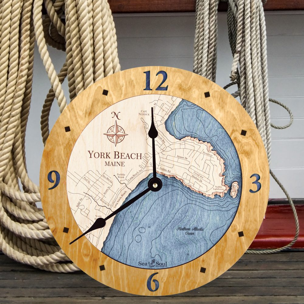 York Beach Nautical Map Wall Art Honey Accent with Deep Blue Water Sitting on Dock by Boat