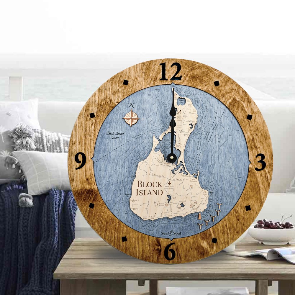 Block Island Nautical Clock Americana Accent with Deep Blue Water Sitting on Outdoor Table on Porch