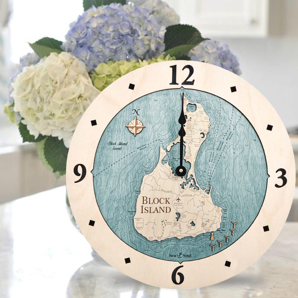 Block Island Nautical Clock Birch Accent with Blue Green Water Sitting on Countertop with Flowers